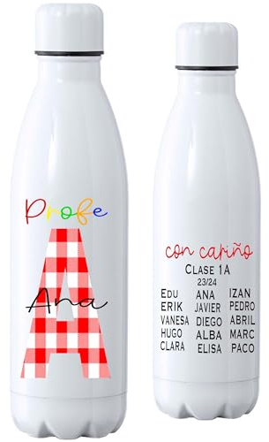 Botella personalizada con nombres de alumos, regalo profesor, botella estampado vichy (VICHY ROJA)