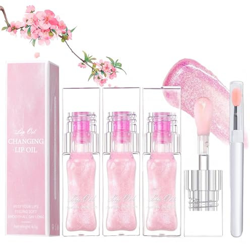 Magic Color Changing Lip Oil, Conversion Lip Stain, Conversion Lip Oil, Hydrating Lip Glow Oil, Clear to Pink Plumping Lip Oil (3PCS)