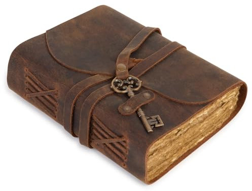 GlobeeCraft Vintage-Notizbuch aus Leder mit Schlüssel, handgefertigtes Baumwollpapier, perfekt als Lederbuch, Vintage-Buch oder persönliches Tagebuch, 18 x 13 cm