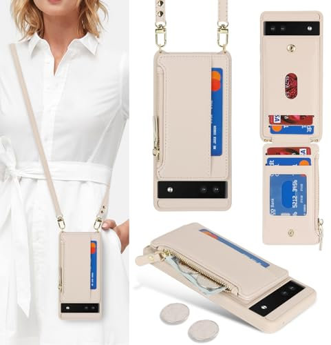 SailorTech Google Pixel 6a Handyhülle Mit Kartenfach, Verstellbarer Halskette Und Reißverschluss-Geldbörse - Aprikose