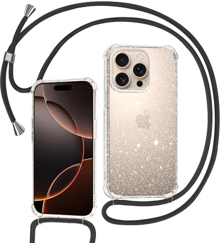 Tikgue Handyband für iPhone 16 Pro Max Hülle mit Band, Handyhülle mit Kordel zum Umhängen Schutzhülle mit Kette Glitzer Transparent Weich TPU Silikon Bumper - Schwarz