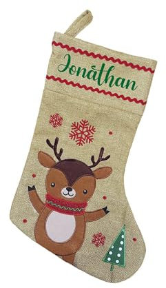 minimutz Nikolausstrumpf Kinder - Personalisiert mit Name - Weihnachtsstrumpf zum Aufhängen & Befüllen - Nikolausstiefel Jute Natur 45cm (Rentier Natur)
