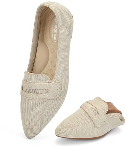 Puxowe Damen Ballerinas Slip On Spitz Strick Kleid Flache Schuhe Pumps Elegant Bequem Ballerina Flats für Damen 37.5 EU Nude