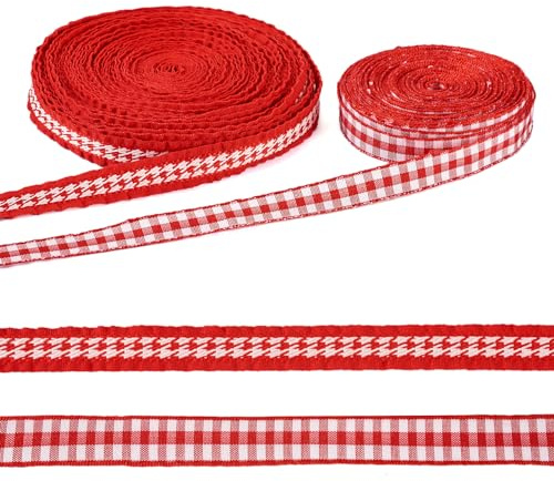 Sparkeads 18,29 m rotes Gingham-Band, 10 mm breit, kariertes Band, rotes kariertes Band, rotes Karomusterband, rotes und weißes Vogelband für Haar, Picknick, Schule, Weihnachten, Geschenkverpackung
