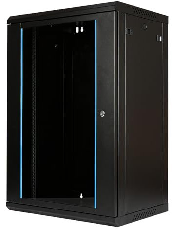 Koscom Connect Netzwerkschrank I Serverschrank 19 Zoll I Wandmontage I 450 mm Tiefe I 600 x 450 x 903 mm I voll montiert I abschließbare Glastür I Traglast 100 kg (Schwarz - 45cm, 18HE)