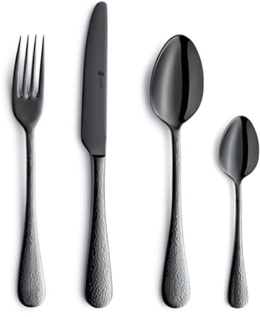 PW Paul Wirths Mondo Cutlery Set 24 Pieces Black 6 Dinner Knives, 6 Dinner Forks, 6 Dinner Spoons, 6 Coffee Spoons, Hammered Cutlery Design 18/10 Stainless Steel Hand Cleaning Recommended