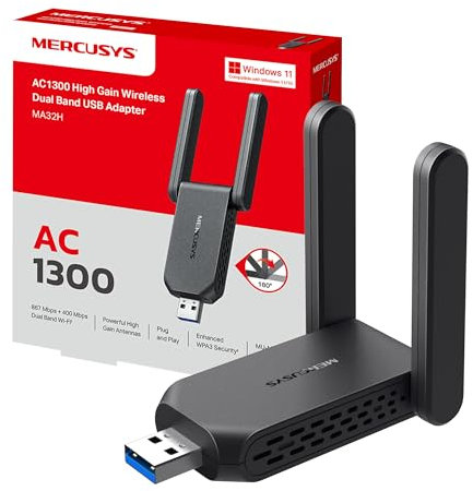 TP-Link Mercusys MA32H WiFi USB AC1300Mbps, Chiavetta WiFi per PC Fisso, 2 Antenne ad Alto Guadagno, Dual Band 5GHz/867Mbps + 2.4GHz/400Mbps, USB 3.0, MU-MIMO, WPA3, Supporta Windows 10/11, Plug&Play