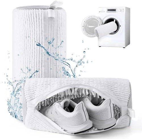 Teletrogy 2 Pièces Sac Lavage Chaussures Machine à Laver, Réutilisables Housse Nettoyage Chaussure Portable Sacs à Linge pour Chaussures avec Fermeture Éclair Sacs de Blanchisserie pour Baskets, Blanc