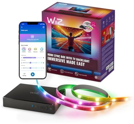 WiZ HDMI Sync Box con retroilluminazione TV, sincronizza la luce con film, giochi e musica, HDMI 2.0, Striscia LED RGBIC per TV da 55-65 pollici, controllo con App, compatibile con Google e Alexa
