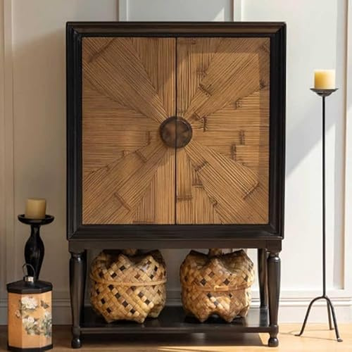 interoknack Französischer nordischer Vintage-Barschrank aus massivem Holz, Rattan, hoher Eingang, Aufbewahrungs-Sideboard, handgefertigter Luxus-Vitrine, Retro-dekorativer Akzent-Organizer
