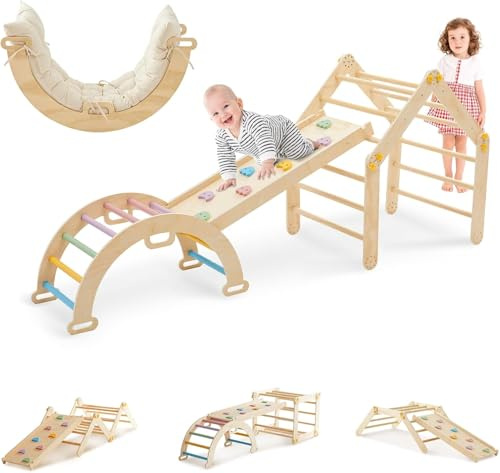 DENMOSTY Montessori Klettergerüst Indoor ab 1 Jahr - 7-in-1 Kletterdreieck mit Rutsche, Pikler Dreieck Klettern Kinder, Kletterbogen mit Kissen, Holz Indoor Spielplatz Kletterspielzeug für Baby