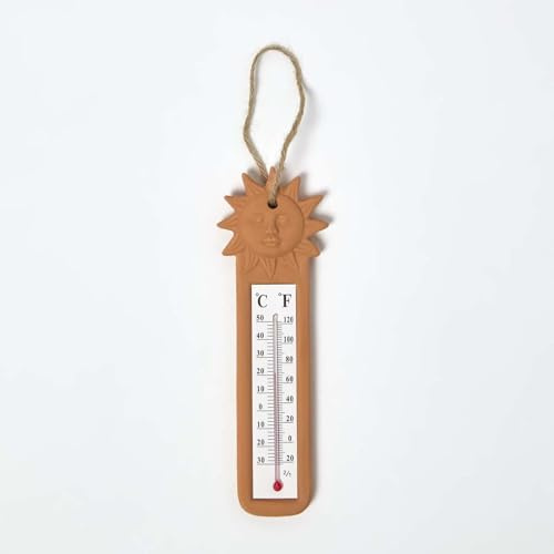 HOMESCAPES Terracotta Wall Thermometer Indoor Outdoor Use, Fun Sun Design, Accurate & Weatherproof Garden Thermometers for Measuring Weather Temperature, Ideal for Home, Gardens, Patio, Conservatories