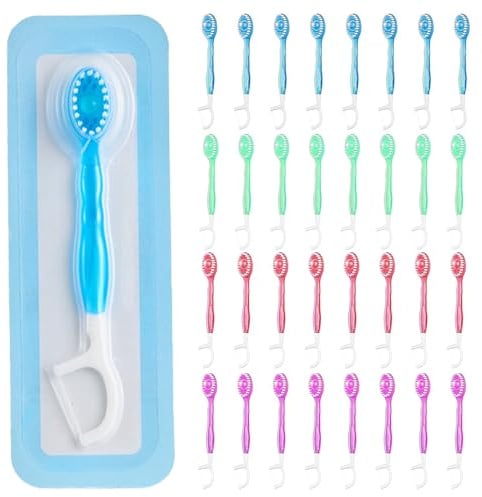 SKIKHN Cepillo Dientes Viaje 5 en 1, 32 Pieza Cepillos Dientes Desechables, Sabores Surtidos, Mini Cepillo Dientes Viaje con Pasta de Dientes, Hilo Dental, Raspador de Lengua y Palillo, para Viajar