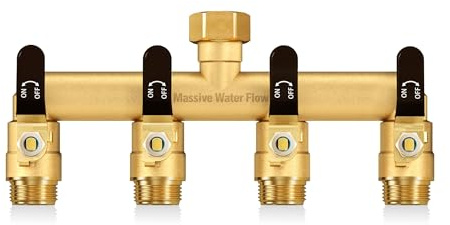 HugWaFlw Outdoor Tap Splitter, Garden Hose Splitter 4-way, 3/4 Inch Tap Connector, Solid Brass Large Flow Hose Splitter 4-way, Enables Four-way Diversion of The Water Tap-Black Grip