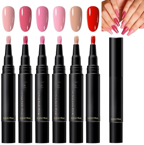 6PCS Nail Polish Pens - 3 in 1 Nail Varnish Pens - Quick Dry Nail Art Pens Nude Pink Red - Long Last High Glossy Water Based No UV Needed DIY One Step Manicure Crafts Nail Pens for Women