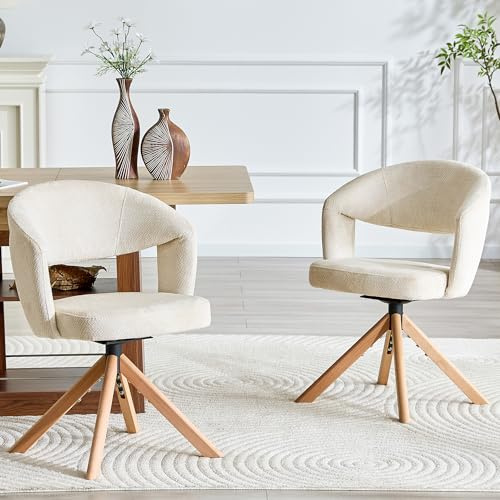 SmartEdge Esszimmerstühle 2er Set, U-förmiger Rückenlehne mit Dicke Polsterung, 360° Drehfunktion, Strukturstoff & Massivholzbeine, Kompakter Drehstuhl für Esszimmer, Küche & Wohnzimmer, Weißer