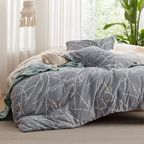 Bedsure Duvet Cover Queen Size - Reversible Tree Branch Duvet Cover Set with Zipper Closure, 3 Pieces Grey Bedding Set with 8 Corner Ties and 2 Pillow Shams 20x26