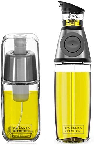 DWËLLZA KITCHEN Olive Oil Dispenser Bottle And Oil Sprayer Set - Non-Drip, Non-Clogging, Shatter Resistant - 17 Oz Glass, Stainless Steel - Cooking, Oil Dispenser - Modern Design - Adult, Reusable
