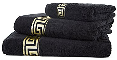 Arle-Living Luxus Medusa Handtuch 50x90 cm - feinste Ringgarn Baumwolle/Jacquard Webung/Hochflor Frottee mit Medusa Flachprägung und Goldener Medusa Bordüre (schwarz/Black/Noir, Handtuch 50x90 cm)