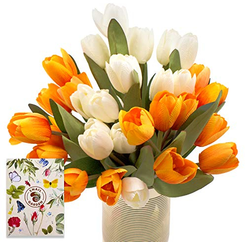 SNAIL GARDEN 4 Strauße Künstliche Tulpen Blumen, Seide Kunstblumen Tulpen Strauß mit 1 Stück Grußkarte, Kunst Tulpen Deko für Hochzeit Hause Party Festival Blumenarrangements (Gelb/Weiß)