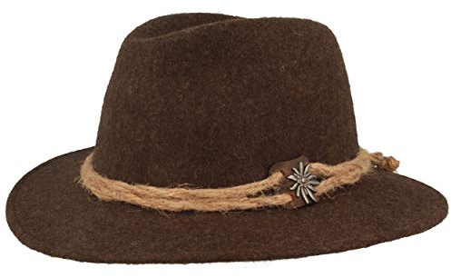 Breiter Original Men's Costume Hat, Felt Hat, Hiking Hat, Tyrolean Style, 100% Wool, Hemp Cord, Edelweiss & Narrow Brim, brown, 60