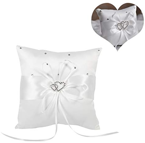 4 Farben Hochzeit Ringkissen Bowknot Stain Doppel Herzen Diamanten Hochzeit Ringkissen Inhaber Inhaber Kissen Kissen mit Bowknot(Weiß)