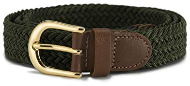 Streeze Damen elastischer geflochtener Stretchgürtel. 25 mm Breite gewebt mit Goldschnalle 5 Größen XS – XL (Dunkelgrün, XS)