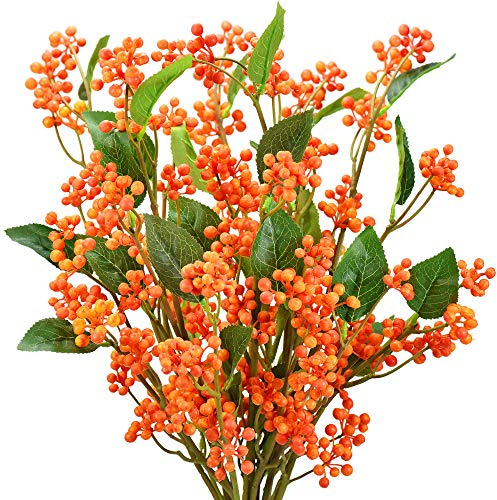 FiveSeasonStuff Real Touch Artificial Holly Berries Flower Arrangements, Christmas Wreath Decorations 6 Long Stems (Orange)