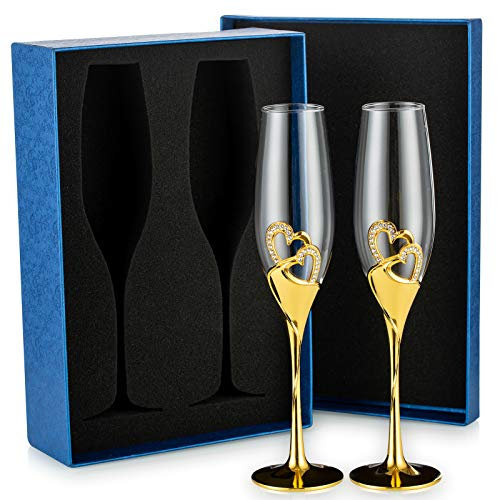 Sziqiqi Wedding Champagne Flutes for Bride and Groom Gold Toasting Flute Glasses Deluxe Rhinestone Rimmed Heart Decoration for Wedding, Anniversary, Engagement, Valentine's Day and Special Events