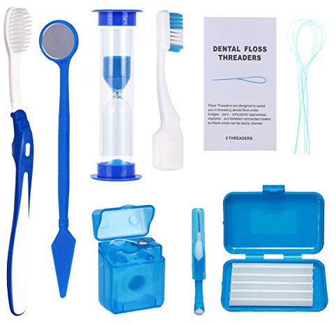 Zahnspangen Reinigungsset für Zähne - tragbares Zahnbürsten-Set für die Mundpflege und auf Reisen für orthodontische Patienten - Zahnbürste, Interdentalbürste, Zahnwachs, Zahnseide, Trichter