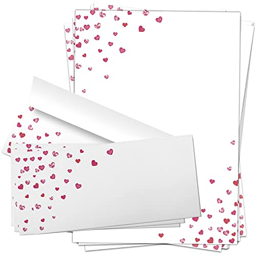 10 Briefpapiere und Briefumschläge SET | Herzen Liebesbrief Liebe | Papier und Umschlag mit Herz rot Design-Motiv bedruckt | 90 g/m²
