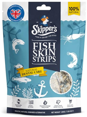 SKIPPER'S Fish Skin Strips 250g Dog Treats, Grain Free Dental Chews | Gently Air Dried, Long Lasting, Cleans Teeth, Rich in Omega 3, Grain & Cereal Free, Natural Fish Skin