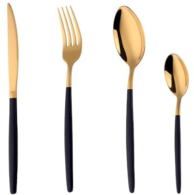 YDware Besteck Gold Schwarz, 16 Stück Schwarz Gold Besteck Set für Haus Küche Restaurant Gabeln Löffel Teelöffel Steakmesser Cutlery Set