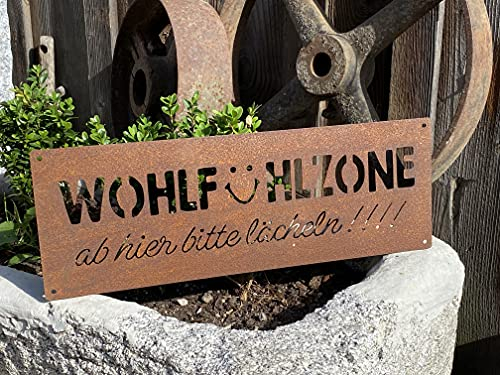 Rostalgie Edelrost Tafel Wohlfühlzone gelasert zum Hängen 40 x 14 cm