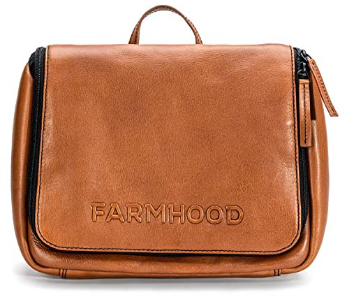 FARMHOOD Memphis Damen/Herren Leder Kulturbeutel | große Kosmetiktasche mit Haken zum Aufhängen | viele Fächer mit Reißverschluss | Beauty-Case 27 cm mit Reißverschluss auf der Rückseite