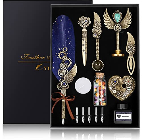 YICMY Quill Pen and Ink Set, Feather Pen Calligraphy Set, Mechanical Gears Design Quill Pen with Wax Seal Stamp Set, Stationery Gift for Handwriting Lovers Birthday Christmas Valentine’s Day