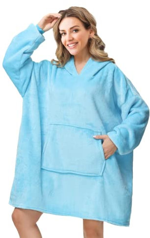 Tragbare Decke, Kapuzenpullover, bequemes Decken-Sweatshirt, übergroßer Kapuzenpullover, Polyester-Sherpa-Futter mit Ärmeln und Riesentasche, weicher Decken-Hoodie für Frauen, Männer, Familie (Blau)