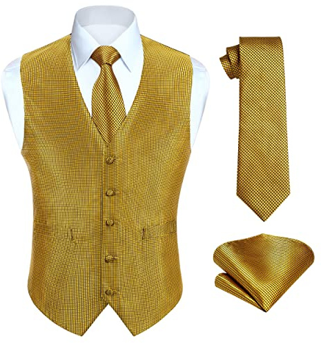 Enlision Gilet Costume Or Homme Mariage Paisley Ensemble de Cravate et Pochette Jacquard Gilets sans Manche pour Fête 3XL