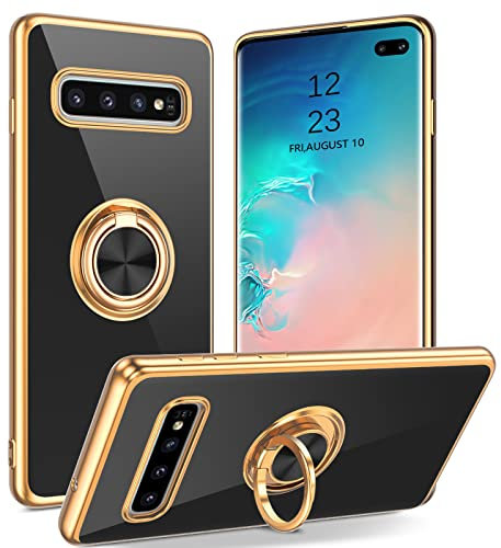 YINLAI Samsung Galaxy S10 Plus Case Soft Silicone TPU Slim Case with Gold Magnetic Ring Holder Shockproof Women Protective Girls Case Cover for Samsung Galaxy S10 Plus, Black