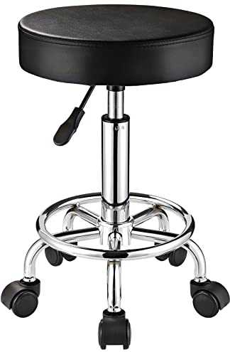 FNZIR Tabouret réglable à roulettes Rond pour Spa, Salon, Massage, Bureau (Noir)