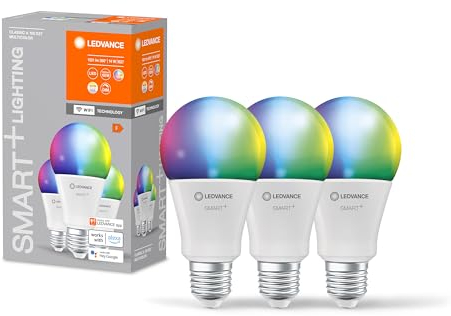 LEDVANCE Smarte LED-Lampe mit WiFi Technologie, Sockel E27, Dimmbar, Lichtfarbe änderbar (2700-6500K), RGB Farben änderbar, ersetzt Glühlampen mit 100 W, SMART+ WiFi Classic Multicolour, 3er-Pack