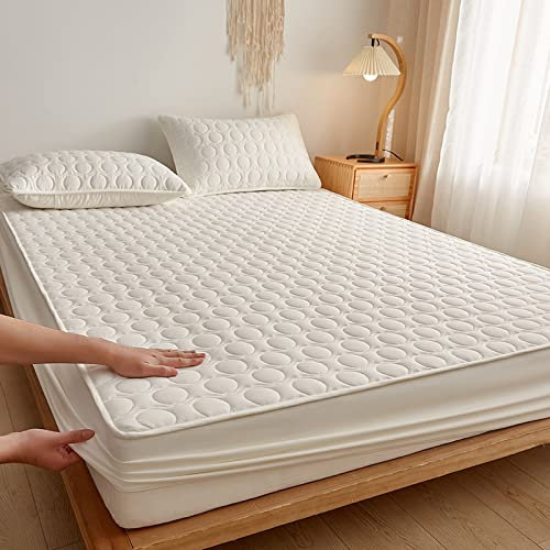 Spannbettlaken Boxspringbett Wasserbett,Gesteppte Bettdecke und Kissenbezüge aus Baumwolle,verdickte Tagesdecken für Einzel-Doppelbett, Super-Kingsize-Bett, Weiß, 1, 180 x 220cm