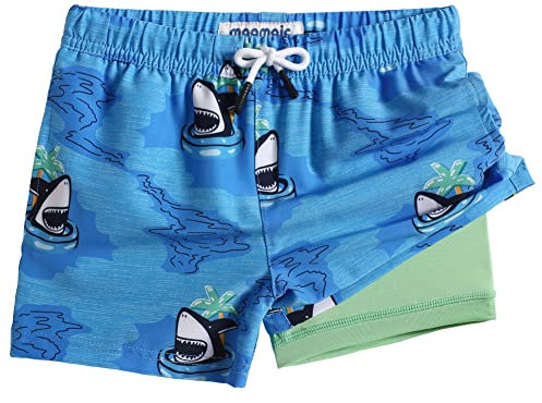 MaaMgic Badehose Jungen Badeshorts Kinder Schnelltrocknend Schwimmhose Kurze Swim Shorts für Kleine Boardshorts mit Kompression Taschen Verstellbare Tunnelzug MEHRWEG,Blau Hai Kokosnuss,4 Jahre