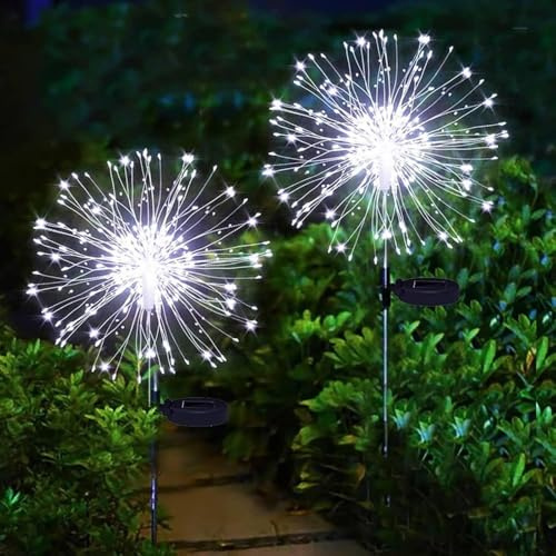 XIHAMA Luces solares de jardín, luces solares de fuegos artificiales, paquete de 2, 200 LED, 8 modos de iluminación, luces solares al aire libre, impermeables, para jardín, patio, pasarela, fiesta,