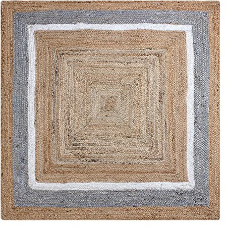 Handgeflochtener Jute-Teppich, quadratisch, Kelim-Teppich, Flachgewebe, Fußmatte, geometrisches Muster, Beige, mehrfarbig, handgewebt, dick, 0,7 cm, nautale Jute, für drinnen und draußen, für