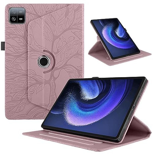 TEDTIKJT Tablette Coque pour Xiaomi Pad 6/Pad 6 Pro 11 2023 PU Cuir 360°Rotatif Multi-Angle Stand Flip Cover Arbre de Vie Rotating Étui Housse Protection Tablette Cover,Rose Gold