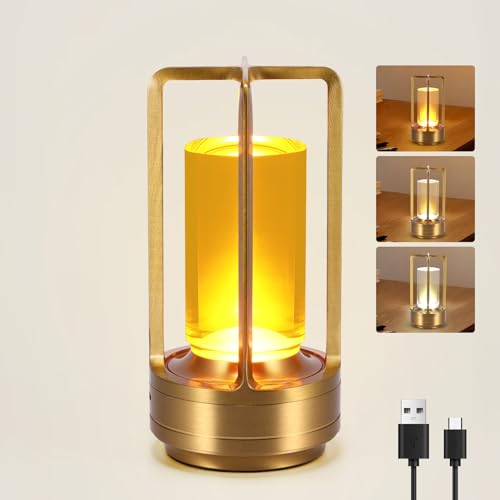 Nachttischlampe mit Touch Steuerung, Kabellose LED Vintage Schreibtischlampe, Tragbare USB Aufladung 3 Beleuchtungsfarben Dimmbare Tischlampe für Schlafzimmer Büro Wohnzimmer Dekoratio Geschenk(Gold)