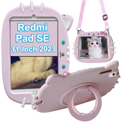 ZOOMALL Funda para niños compatible con Xiaomi Redmi Pad SE de 11 pulgadas (2023), a prueba de golpes, mango giratorio de 360 grados, soporte plegable, correa para el hombro, gato