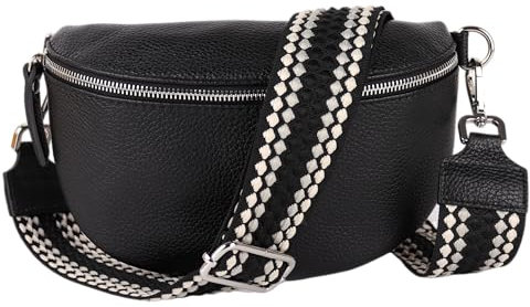 MIRROSI® Bauchtasche Damen, Echtleder, Made in Italy, Umhängetasche, Brusttasche, Crossbody Bag (1 Tasche & 2 Gurte) (Schwarz (Pünkchen Schwarz), Große Tasche (28x18x9cm))