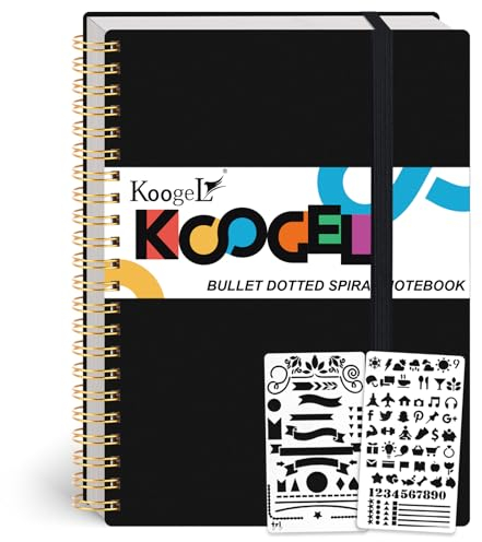 Koogel Dotted Journal Notizbuch, 8,3 x 11,4 Zoll, 150 Blatt gepunktetes Spiralnotizbuch, schwarzes Hardcover mit Schablone